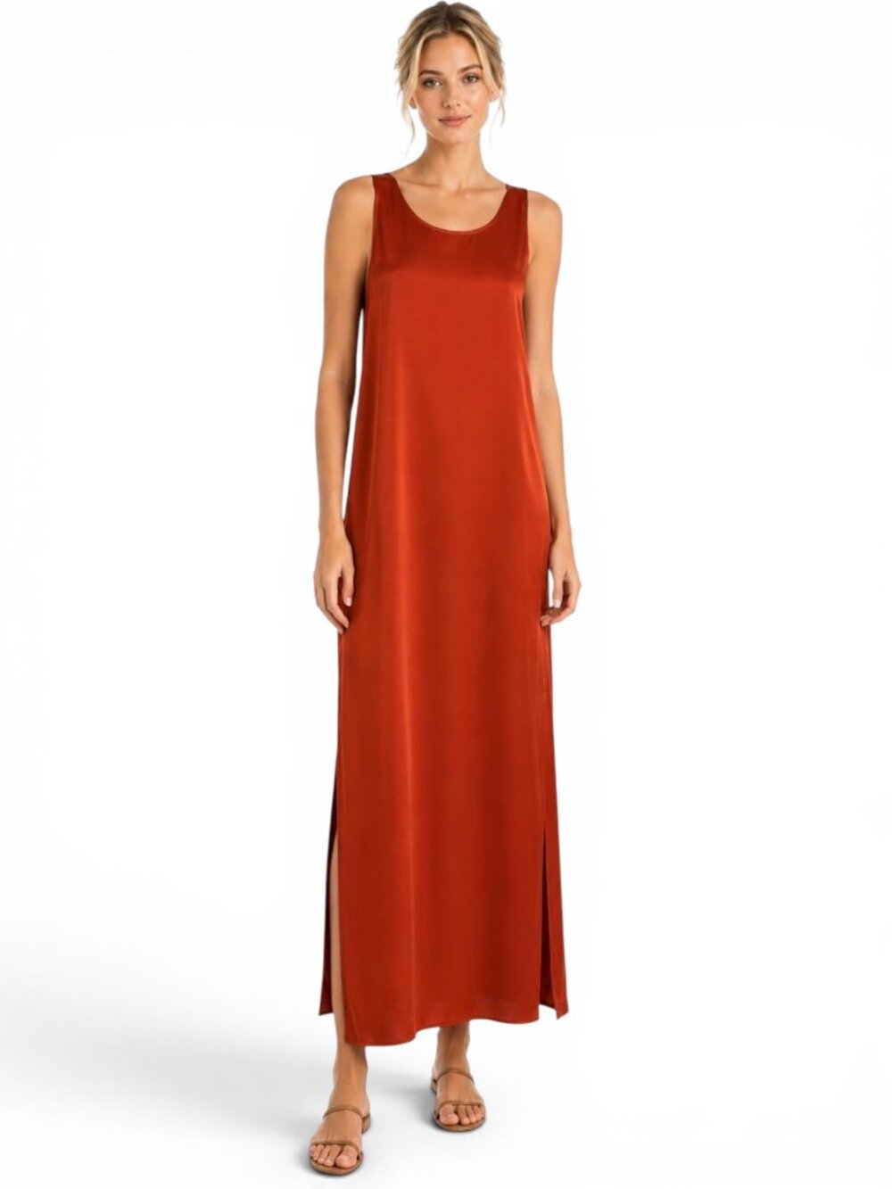 Harari Vintage Long Rust 100% Silk Side Slit Sleeveless Tank Maxi Midi Dress M